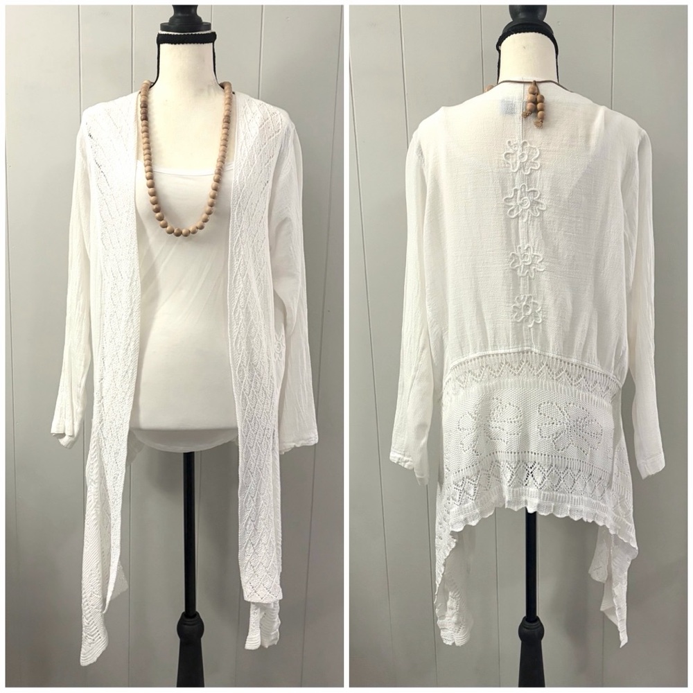 Inca Spirit Long Kimono Wrap Cover Up Duster Crochet White Peru Cotton S